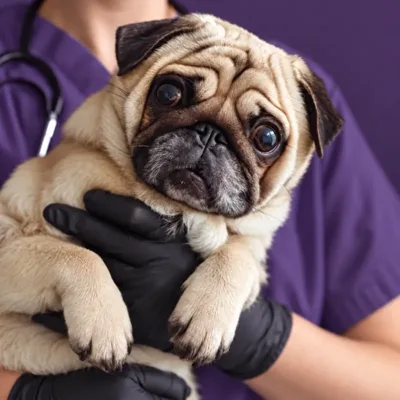 Cão pug no colo de uma veterinária